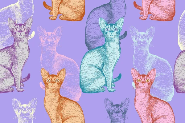 Mångfärgade Katter Seamless Mönster Realistiska Porträtt Kattungar Vektor Illustration Konst — Stock vektor