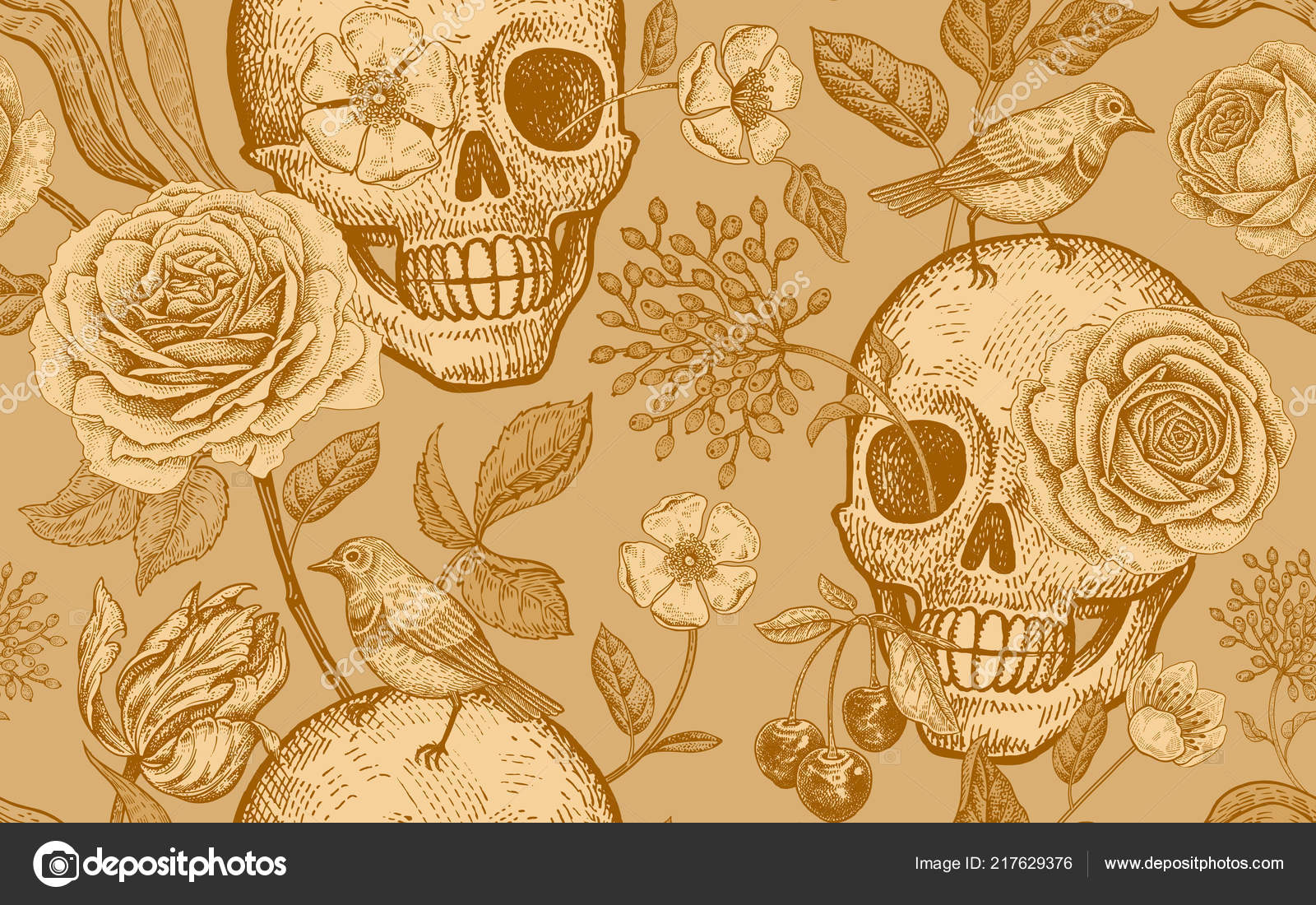 玫瑰花郁金香和鸟类花卉无缝图案向量例证以天死亡的标志在金色背景上打印金箔纺织品墙纸模板图库矢量图©sasha-kasha 217629376, image size:1600x1100