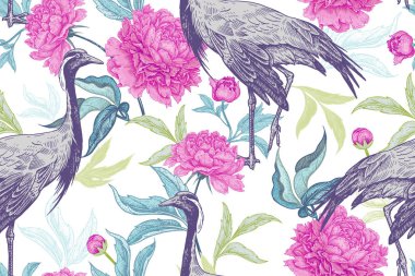 Arka plan yaprak ve çiçekleri peonies kuşlar vinçler. Çiçek Dikişsiz desen tasarım kağıt, duvar kağıdı, Tekstil için. Doğa vektör Illustration. Vintage. El vahşi dünya çizimi.