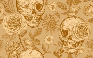 Kafatasları, gül çiçek, lale ve kuşlar. Çiçek seamless modeli. Vektör çizim gün ölü sembolleri ile. Vintage. Altın arka plan üzerinde baskı altın folyo. Kağıt, tekstil, duvar kağıdı için şablon.