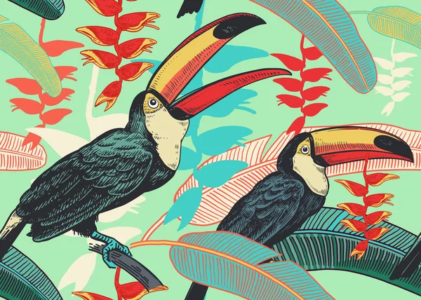 Fåglar Tukaner Bakgrund Tropiska Löv Och Blommor Sömlös Blommönster För — Stock vektor