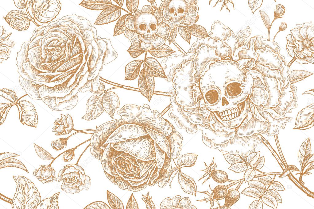 Skulls, blooming rose flowers and foliage. Floral seamless pattern. Vector illustration with symbols of day dead. Vintage. Print golden foil on white background. Template of paper, textiles, wallpaper