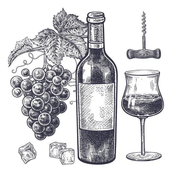 ヴィンテージ手に酒の話題に描画します 赤ワインのボトル ブドウ ワイン グラス飲みでは 氷とコルク栓抜きのスライス 白い背景に黒のイメージを分離 ベクトル イラスト — ストックベクタ