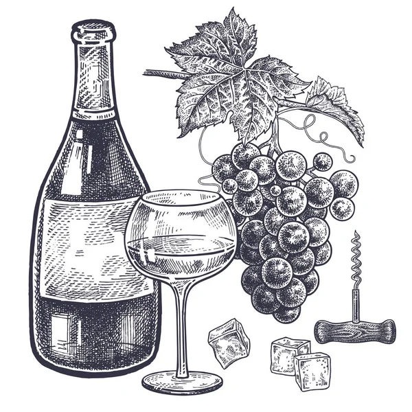 ヴィンテージ手に酒の話題に描画します ボトル白ワイン ブドウ ワイン グラス飲みでは 氷とコルク栓抜きのスライス 白い背景に黒のイメージを分離 ベクトル イラスト — ストックベクタ