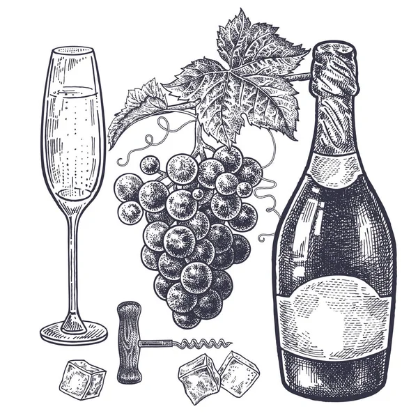 ヴィンテージ手に酒の話題に描画します シャンパン ブドウ ドリンク アイス スライスとコルク栓抜き ワインのガラスのボトル 白い背景に黒のイメージを分離 ベクトル イラスト — ストックベクタ