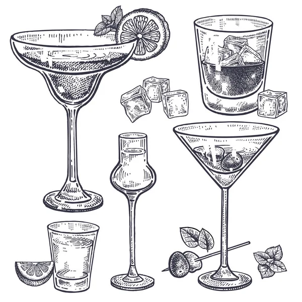 Coffret Boissons Alcoolisées Margarita Whisky Tequila Vodka Vermouth Dans Les — Image vectorielle