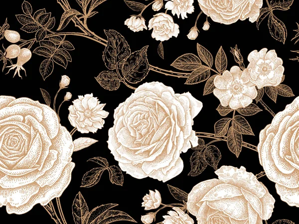 Садовые Розы Цветочный Винтажный Бесшовный Рисунок Белые Цветы Золотые Листья — стоковый вектор