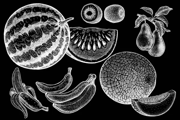 Conjunto Frutas Ilustración Vectorial Realista Sandía Melón Kiwi Pera Plátanos — Archivo Imágenes Vectoriales