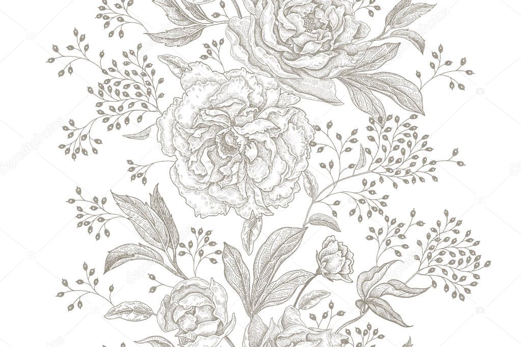 Peonies and roses. Floral vintage seamless pattern. Black flowers, leaves, branches and berries on white background. Oriental style. Vector illustration art. For design textiles, paper, wallpaper.