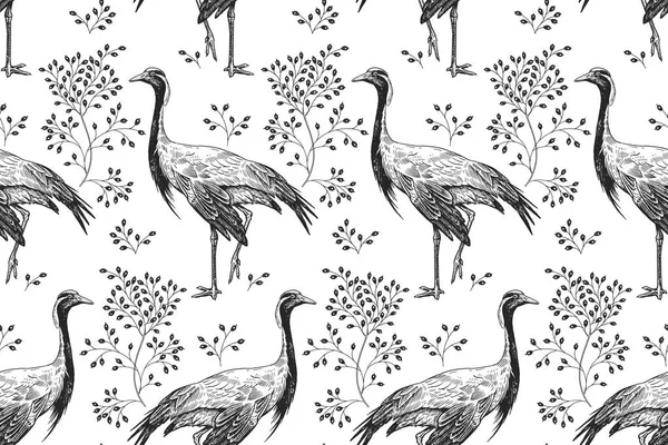 无缝的模式与鸟鹤和树枝 矢量插图艺术 复古雕刻 在白色背景的黑鸟数字 纺织品 墙纸设计模板 — 图库矢量图片