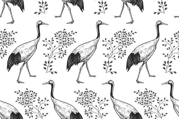 Patrón Sin Costuras Con Las Aves Grúas Ramas Japonesas Ilustración — Archivo Imágenes Vectoriales