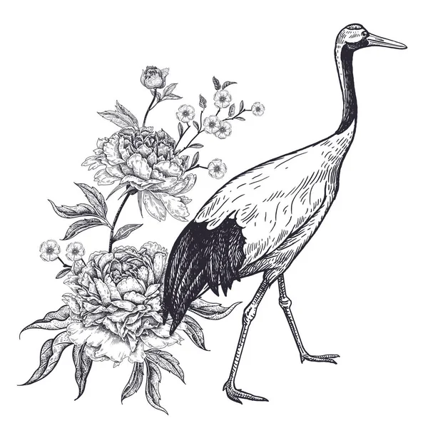 Decoratie Met Vogel Bloemen Realistische Hand Tekening Van Japanse Kraan — Stockvector