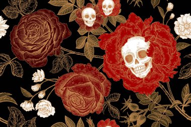 Kafatasları, çiçek ve yeşillik. Çiçek seamless modeli. Vektör çizim. Gün ölü sembollerin. Vintage. Altın folyo, kırmızı güller, beyaz kafatasları, siyah arka plan. Kağıt, tekstil, duvar kağıdı için şablon