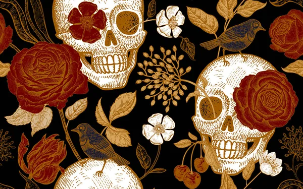 Patrón Sin Costura Floral Con Cráneos Flores Pájaros Ilustración Vectorial — Archivo Imágenes Vectoriales