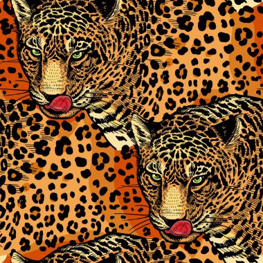 Leopar. Vahşi hayvanlarla seamless modeli. Modern dekor Beast stil. Vektör çizim. Kağıt, tekstil, duvar kağıdı için şablon. Tam renkli süs. Noktalar ve lekeleri.
