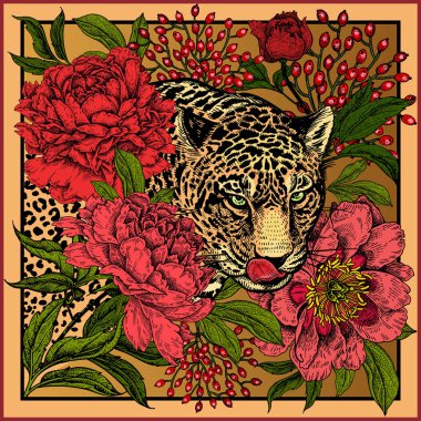 Bahçe peonies ve vahşi leopar. Çiçek ve hayvan tarzı. Tasarım eşarp veya yastık için şablon. Hayvanlar ve çiçekler ile yazdırın. Yaban hayatı motifler. Vektör çizim. Altın, siyah, kırmızı ve yeşil.
