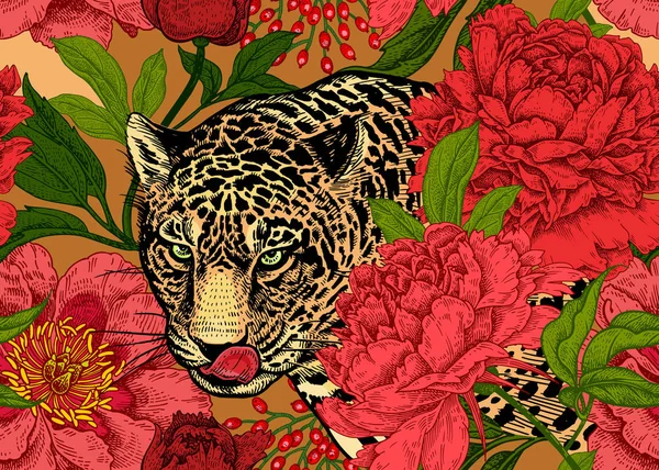 Leopardo Peonías Patrón Floral Sin Costuras Con Animales Flores Jardín — Archivo Imágenes Vectoriales