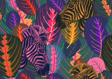 Tropikal yaprak ve hayvan zebra ile Seamless modeli. Vektör çizim. Doğa egzotik motifler. Kumaşlar, tekstil, kağıt, duvar kağıdı tasarım renkli şablonu.