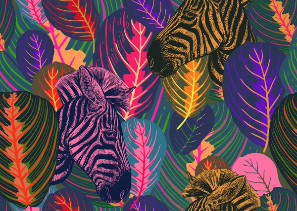 Tropikal Yaprak Hayvan Zebra Ile Seamless Modeli Vektör Çizim Doğa — Stok Vektör