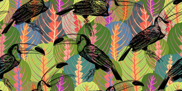 Nahtloses Muster Mit Tropischen Blättern Und Vogeltukanen Vektorillustration Exotische Motive — Stockvektor