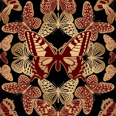 Geometrik süsleme mozaik optik soyut kelebekler. Siyah zemin üzerine altın böcekler. Dikişsiz desen lüks kumaşlar, tekstil, yastıklar, yazdırır yaz giyim. Trendy vektör arka plan.