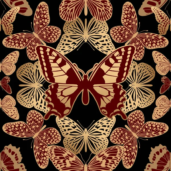 Ornamento Geometrico Mosaico Ottico Farfalle Astratte Insetti Dorati Sfondo Nero — Vettoriale Stock