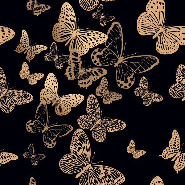 Zwarte Achtergrond Vliegende Vlinders Luxe Decoratie Goud Folie Print Vectorillustratie — Stockvector