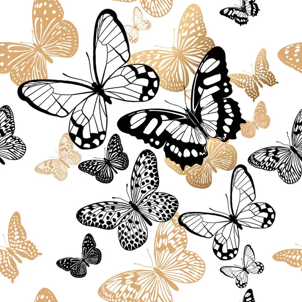 Gold Black Butterflies White Background Seamless Pattern Vector Illustration Template — Stock Vector