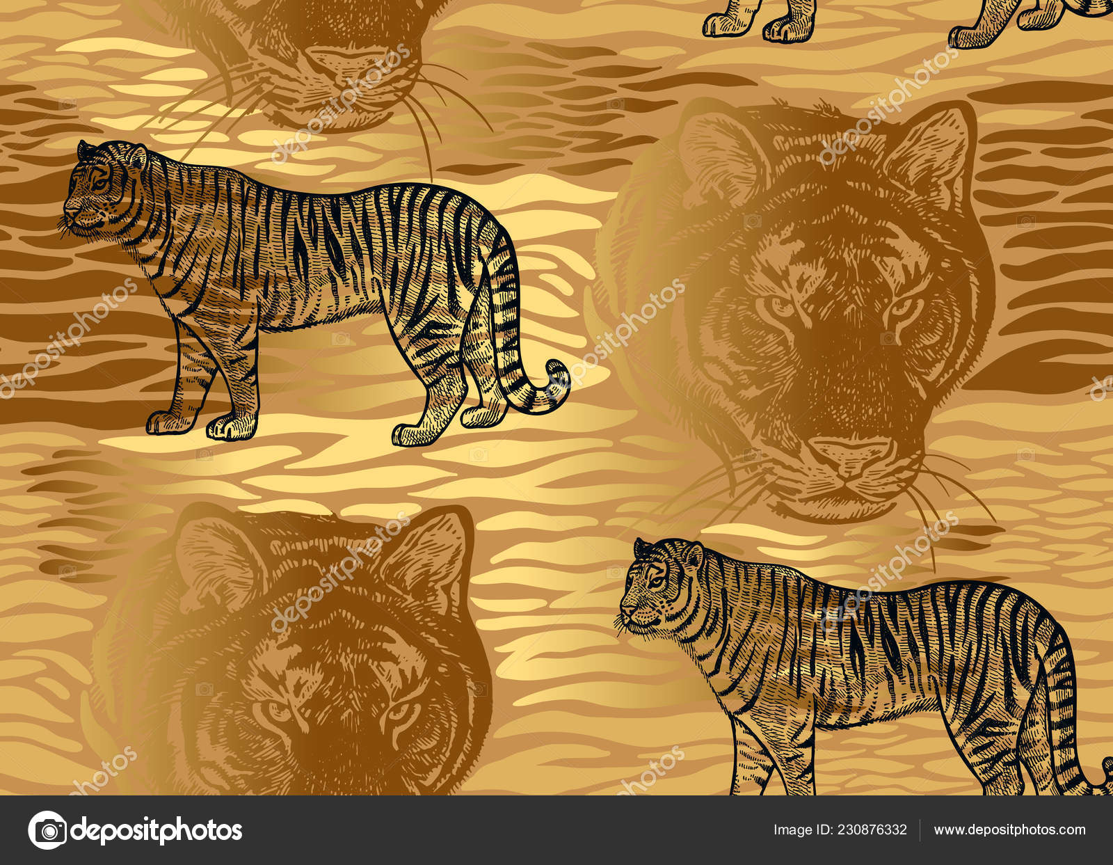 Tiger Stripes Tiger Head Close Seamless Pattern Motives Animals Wildlife  Stock Vector Image by ©sasha-kasha #230876332