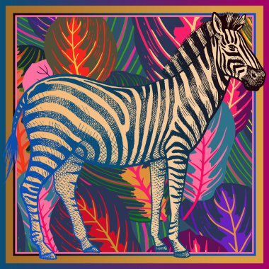 Hayvan yazdırma. Afrika zebra yakın çekim ve çizgili tropikal yaprak. Vektör çizim. Tam renkli rengarenk arka plan. Lüks model. Şablon tasarım eşarp için yastık. Modern hayvan stili