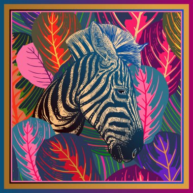 Hayvan yazdırma. Kafa Afrika zebra yakın çekim ve çizgili tropikal yaprak. Vektör çizim. Tam renkli rengarenk arka plan. Lüks model. Şablon tasarım eşarp için yastık. Modern hayvan stili