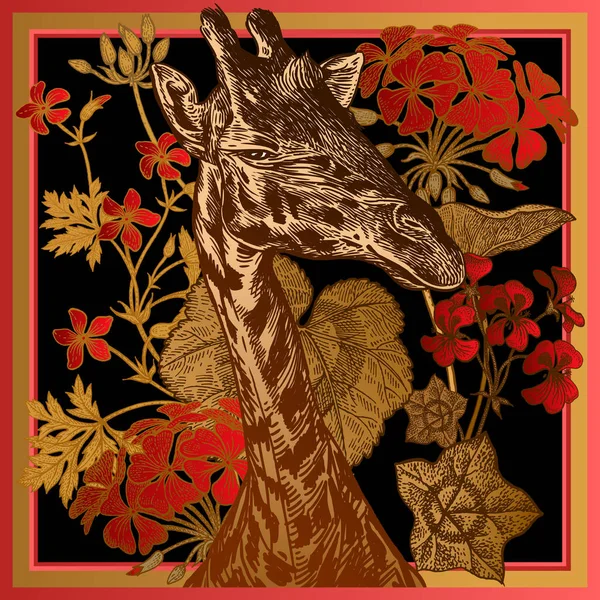 Szef Afrykańskie Zwierzęta Żyrafa Bliska Czerwony Geranium Kwiaty Liście Ilustracja — Wektor stockowy