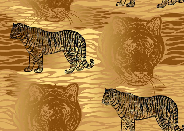 Tigris Csíkok Tigris Fejét Közeli Varrat Nélküli Mintát Motívumok Vadon — Stock Vector