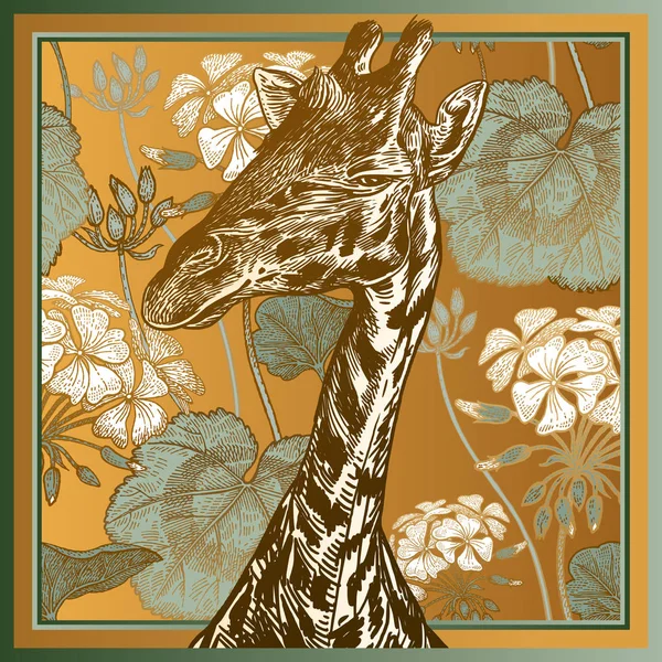 Testa Giraffa Africana Primo Piano Geranio Fiori Foglie Illustrazione Vettoriale — Vettoriale Stock