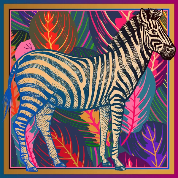 Impressão Animal Zebra Africana Close Listrado Folhas Tropicais Ilustração Vetorial —  Vetores de Stock