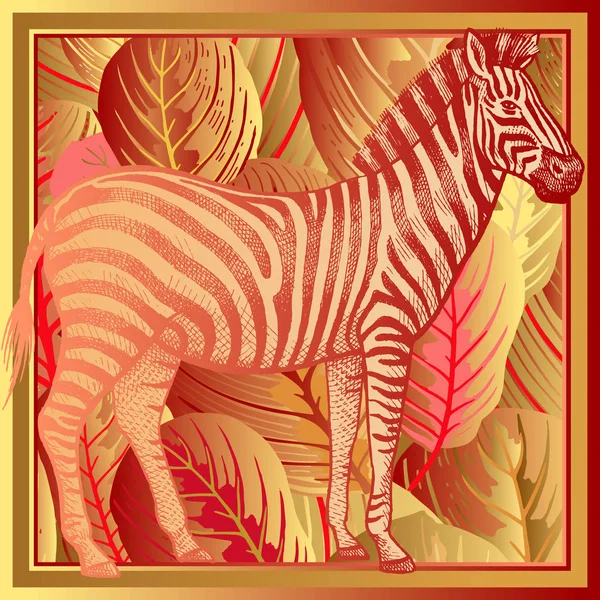 アニマル プリント アフリカのシマウマのクローズ アップとストライプの熱帯の葉 ベクトルの図 赤の背景にゴールド箔を印刷します 豪華なパターン デザイン スカーフや枕のテンプレートです モダンな獣スタイル — ストックベクタ
