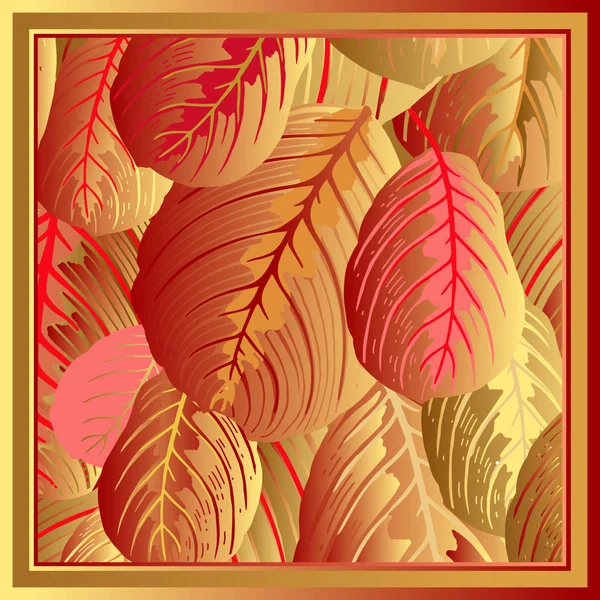 Foliage. Leaves of tropical tree. Vector illustration. Floral background. Luxury pattern. Template for design scarf or pillow. Modern style. Red and gold foil