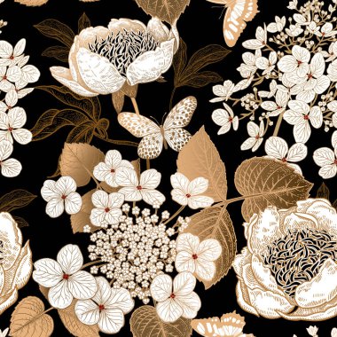 Peonies, ortanca ve kelebek. Çiçek vintage seamless modeli. Altın ve beyaz çiçekler, yapraklar, dallar siyah arka plan üzerine. Oryantal tarzda. Vektör çizim sanat. Tekstil, kağıt şablonu.