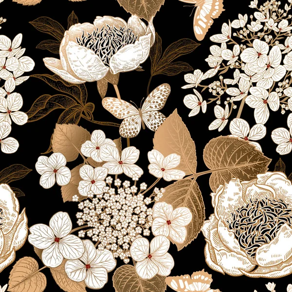 Peonías Hortensias Mariposas Patrón Floral Vintage Sin Costuras Flores Doradas — Vector de stock