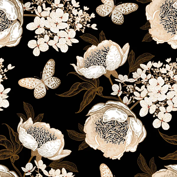Peonies, hydrangea and butterfly. Floral vintage seamless pattern. Gold and white flowers, leaves, branches on black background. Oriental style. Vector illustration art. Template of textiles, paper.