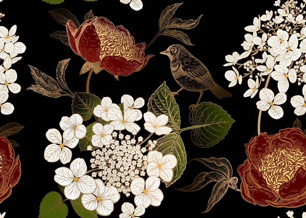 Peonie Ortensie Uccellini Fantasia Floreale Vintage Senza Cuciture Bouquets Fiori — Vettoriale Stock