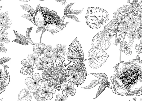 Півонії Гортензії Квітковий Фон Вінтажний Безшовний Візерунок Чорно Білий Букети — стоковий вектор