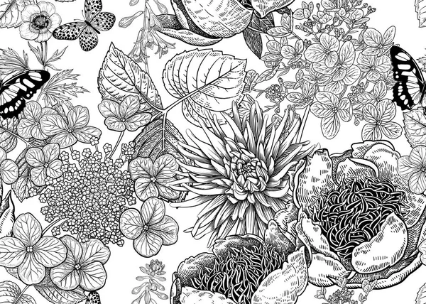 Pivoines Hortensia Aster Papillon Fond Floral Modèle Sans Couture Vintage — Image vectorielle