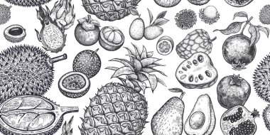 Sorunsuz vektör desen egzotik meyve ile. Ananas, avokado, nar, lychee, durian, tutku meyve, Kamkat, cherimoya, dragonfruit, mangosten, rambutan. Siyah beyaz resim. Vintage