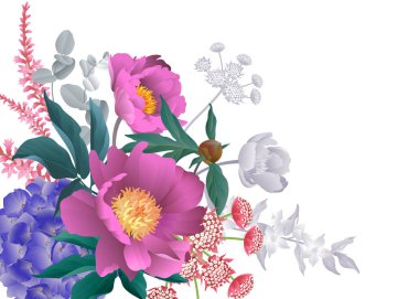 Buket peonies, ortanca, okaliptüs dallar, yapraklar, otlar, beyaz arka plan. Çiçek desenli ve metin için yer. Çiçek dekorasyon kartvizit tasarımı. Vektör çizim. Vintage. Viktorya dönemi.