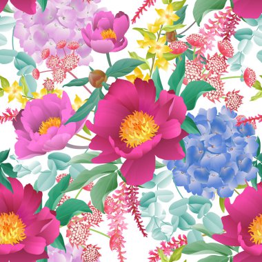Bahçe çiçek. Çiçek seamless modeli. Peonies, ortanca, okaliptüs dalları, yeşillik ve otlar. Vektör çizim moda sanayi, kağıt, duvar kağıdı için. Victoria tarzı. Antika arka plan.