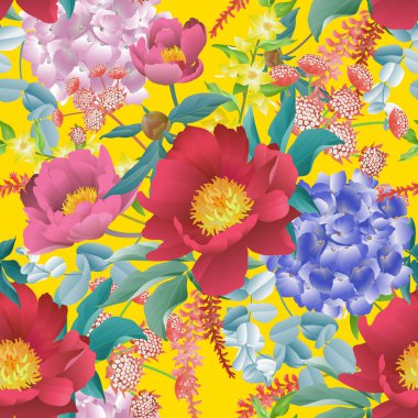 Bahçe çiçek. Çiçek seamless modeli. Peonies, ortanca, okaliptüs dalları, yeşillik ve otlar. Vektör çizim moda sanayi, kağıt, duvar kağıdı için. Victoria tarzı. Antika arka plan.
