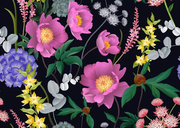 Fleurs Jardin Motif Floral Sans Couture Pivoines Hortensias Branches Eucalyptus — Image vectorielle