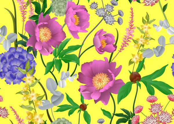 Λουλούδια Στον Κήπο Φλοράλ Άνευ Ραφής Παιώνιες Ορτανσίες Ευκάλυπτος Κλαδιά — Διανυσματικό Αρχείο