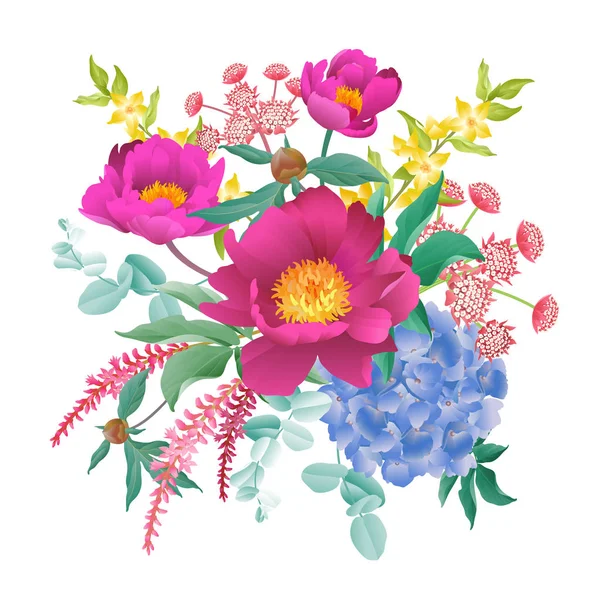 Decoración Flores Jardín Ramo Peonías Hortensias Ramas Eucalipto Follaje Hierbas — Vector de stock